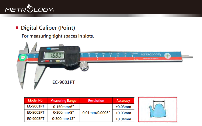 Thước cặp điện tử đặc biệt đo điểm Metrology | Model EC-9001PT | 0-150mm/0.01