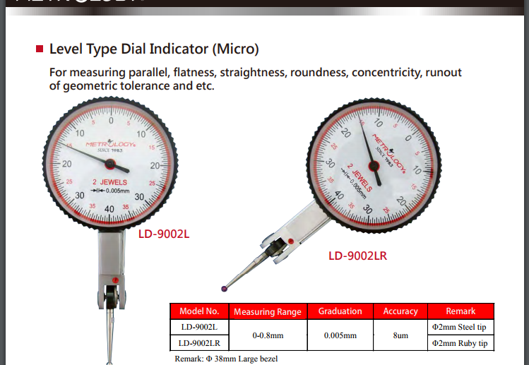 Đồng hồ so cơ Metrology | Model LD-9002L | Model LD-9002LR | Level Type Dial Indicator
