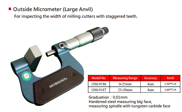 Panme cơ đo ngoài Metrology | Model OM-9186 | Outside Micrometer (Large Anvil)