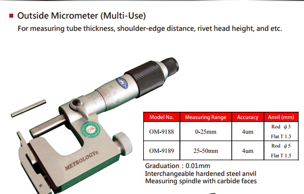 Panme cơ đo ngoài Metrology | Model OM-9188 | Outside Micrometer (Multi-Use)