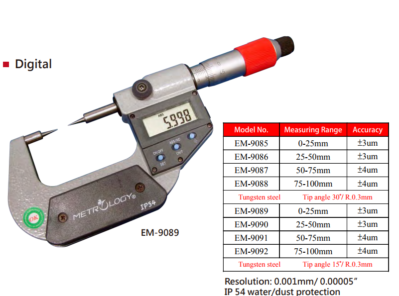 Panme đo ngoài điện tử Metrology | Model EM-9089 | Digital