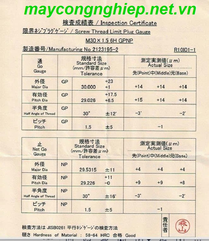 Dưỡng kiểm ren lỗ SHS M30x1.5-6H GPNP